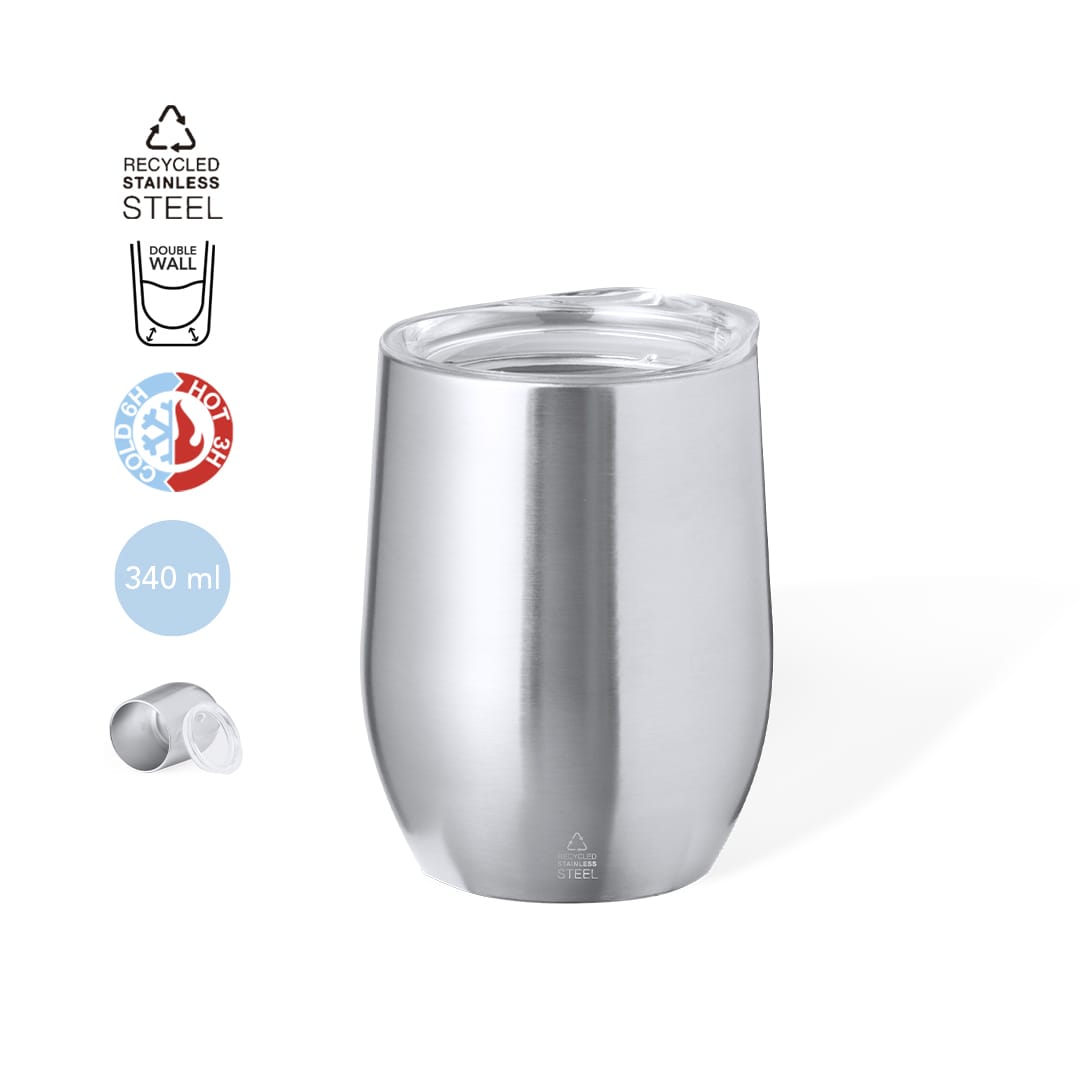 A drink bottle made of recycled stainless steel with a double-wall design, featuring a transparent lid and a sleek silver finish. Yarton - Image 1
