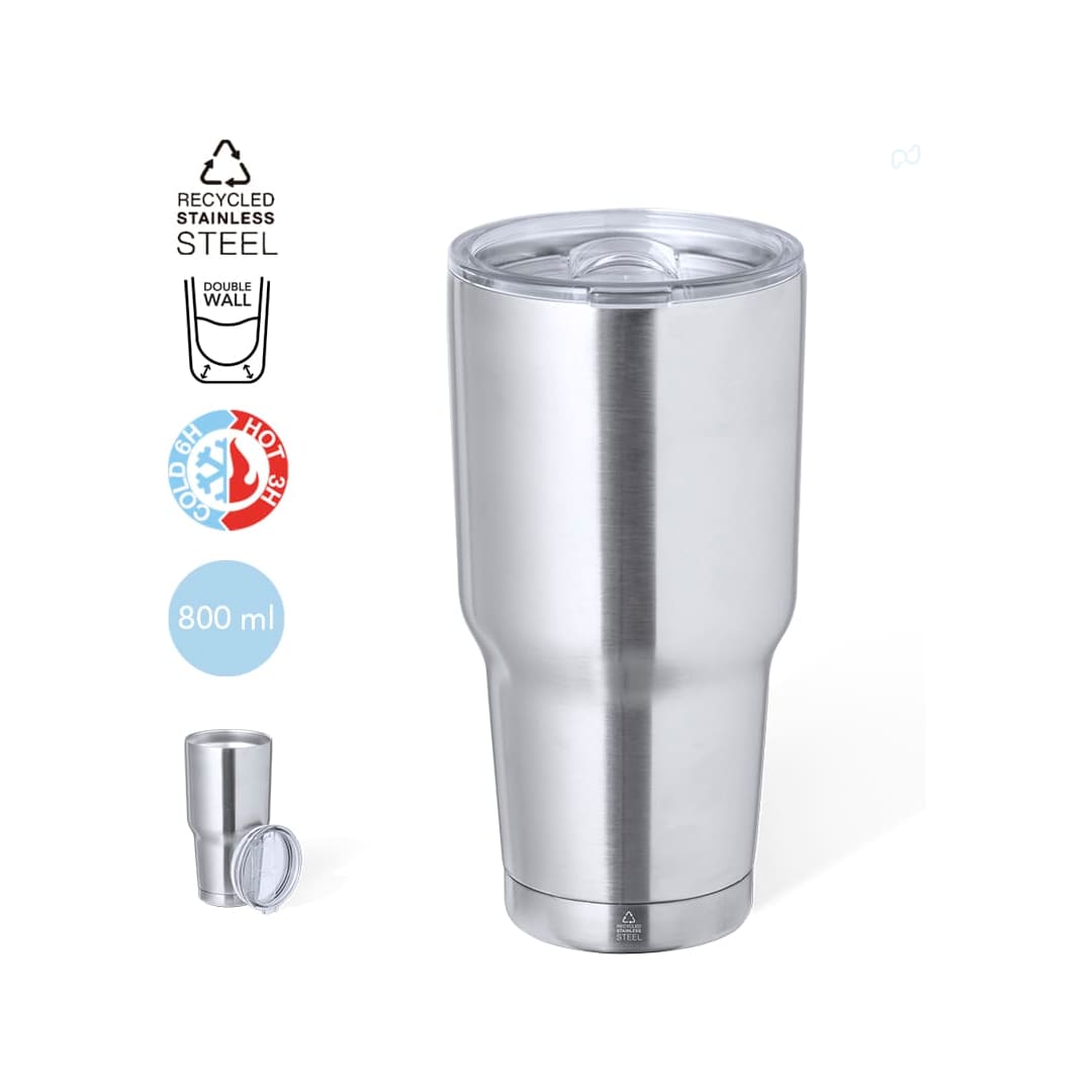 A drink bottle made of recycled stainless steel, featuring a double wall design and a transparent lid. 800 ml capacity. Atinger Insulated Cup - Image 1
