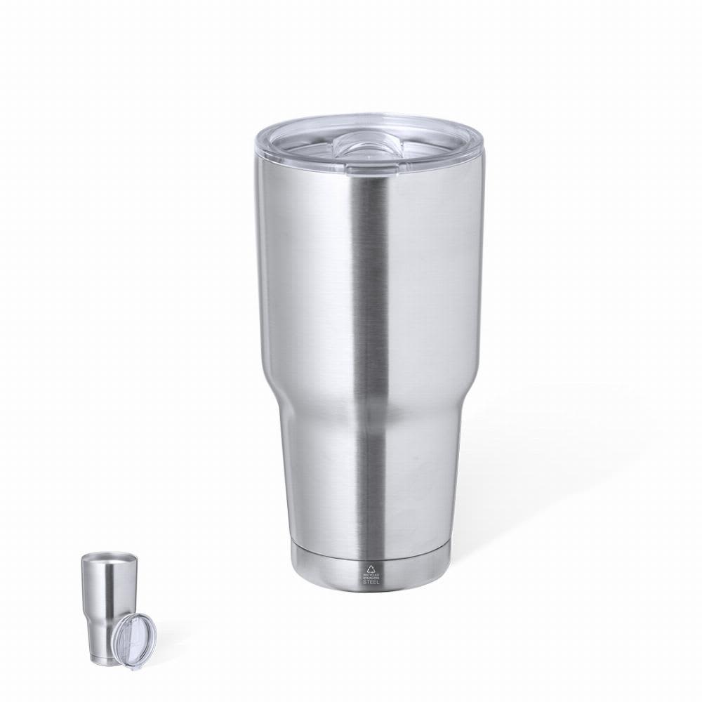 A drink bottle in polished silver stainless steel with a clear lid and cup beside it. Atinger - Image 1