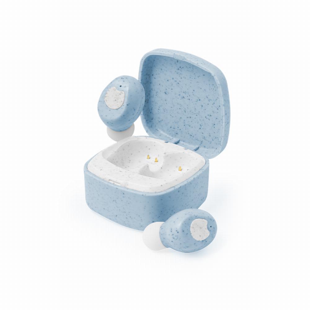 A pair of light blue wireless earbuds and charging case with a speckled design. The case is slightly open. Oriley - Image 1