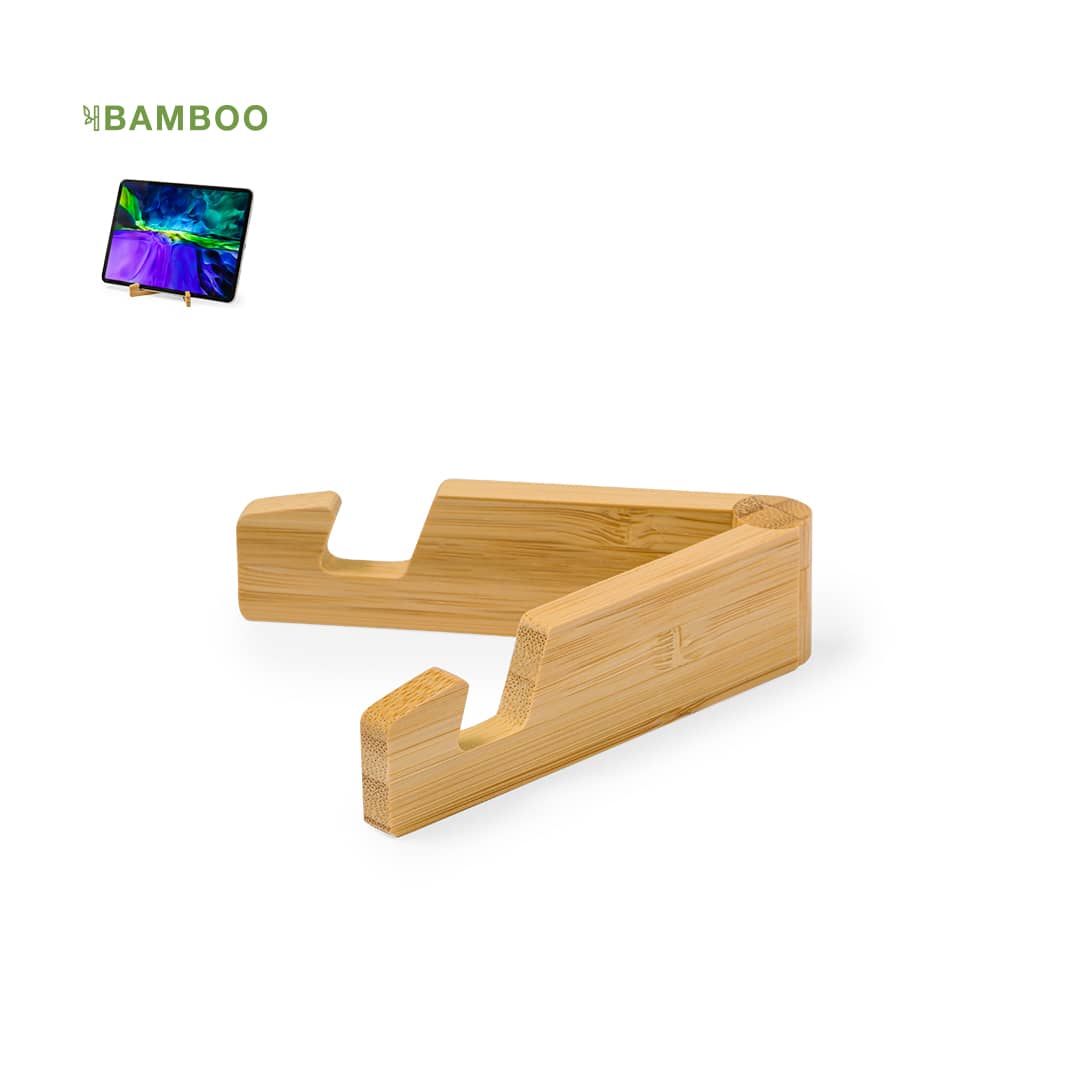 A bamboo phone stand with a sleek, minimal design, featuring a logo in the top corner. Kosof Holder - Image 1
