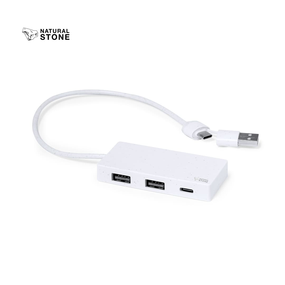 A USB hub in white natural stone finish with multiple ports, featuring a cable for connection. Nagent USB Hub - Image 1