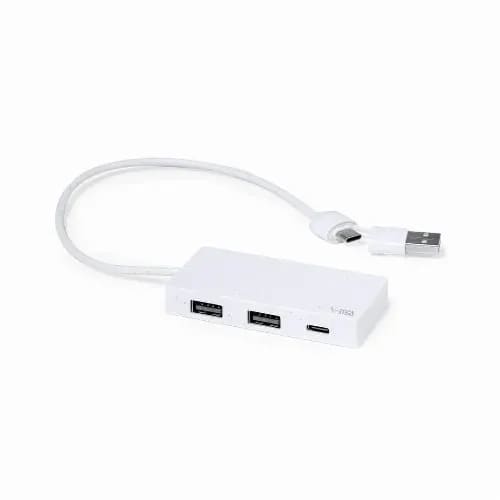 A USB hub with a white casing featuring two USB-A ports and one USB-C port, connected by a white cable. Nagent - Image 1