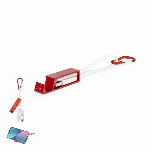 A red charging device with white cables and a carabiner clip, designed to connect to mobile devices. Pek - Image 1