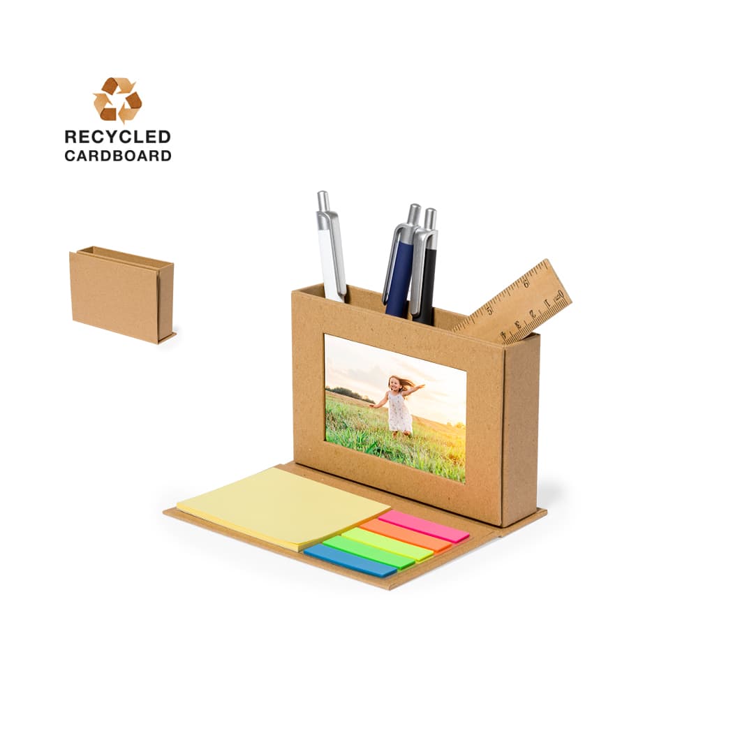 A multifunction pencil holder in brown recycled cardboard, featuring space for pens, sticky notes, and a photo frame. Marquez Multifunction Pencil Holder - Image 1