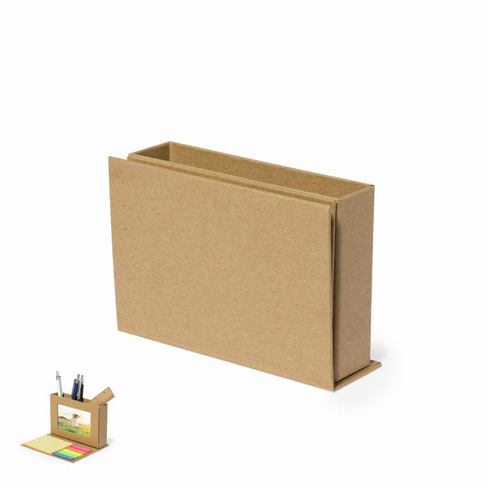 A brown cardboard desk organiser featuring multiple compartments and a small display area for notes or photos. Marquez - Image 1