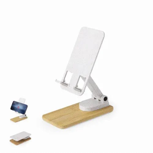 A phone stand with a white holder and a wooden base, adjustable for different viewing angles. Manyx - Image 1