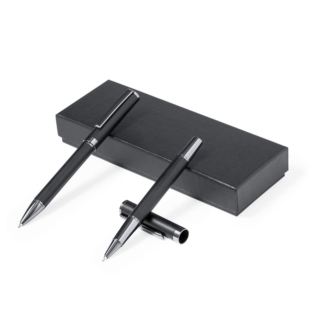 A black pen set with a sleek design, placed in a black box. Includes two pens, one capped and one with a clip. Okonel Set - Image 1
