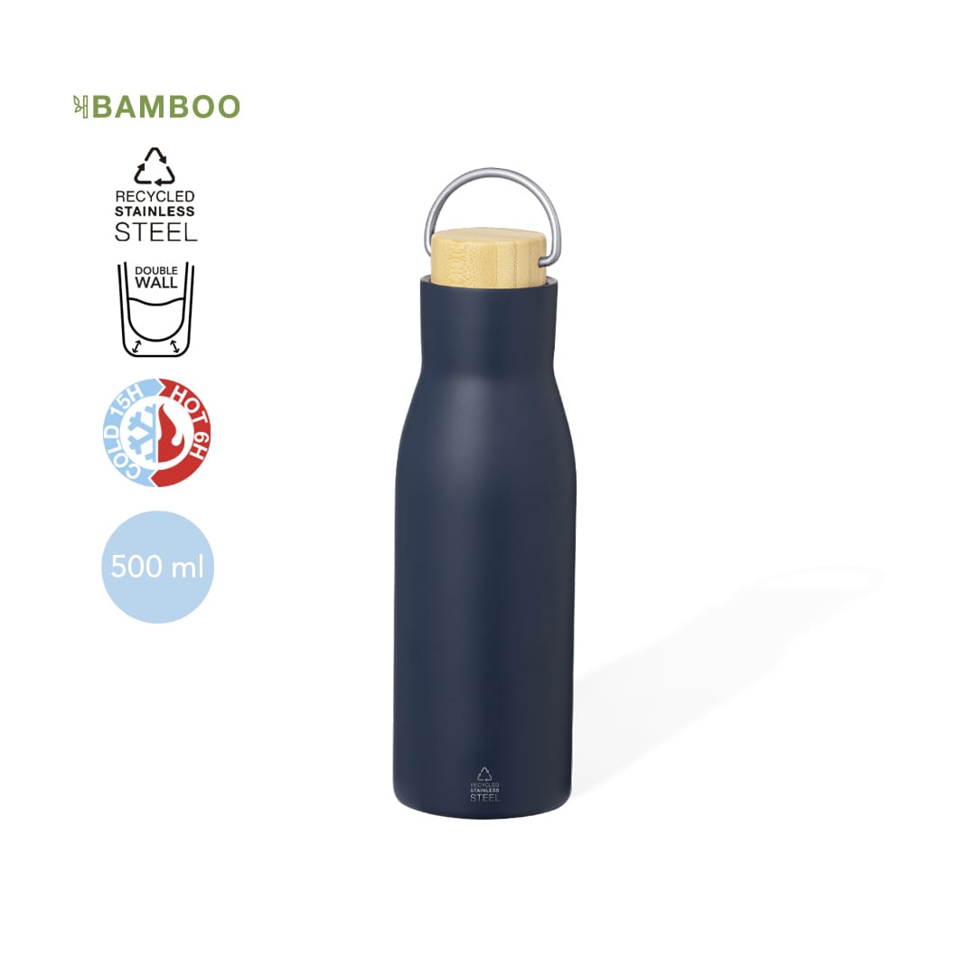 A drink bottle in navy blue, made from recycled stainless steel with a bamboo lid and a logo. Holds 500 ml. Prismix Insulated Bottle - Image 1