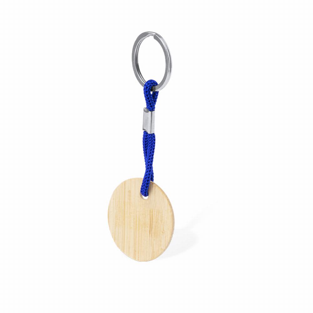 A keyring with a blue fabric loop and a round wooden disc. It has a metallic ring for attachment. Cirbam - Image 1