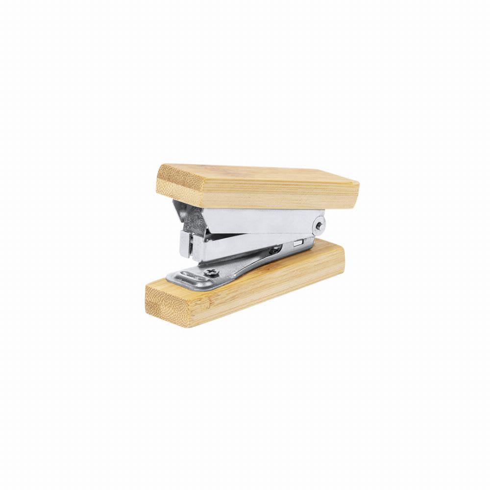 A stapler with a metallic mechanism and wooden bamboo handles. The design features a natural wood finish. Hunzu - Image 1