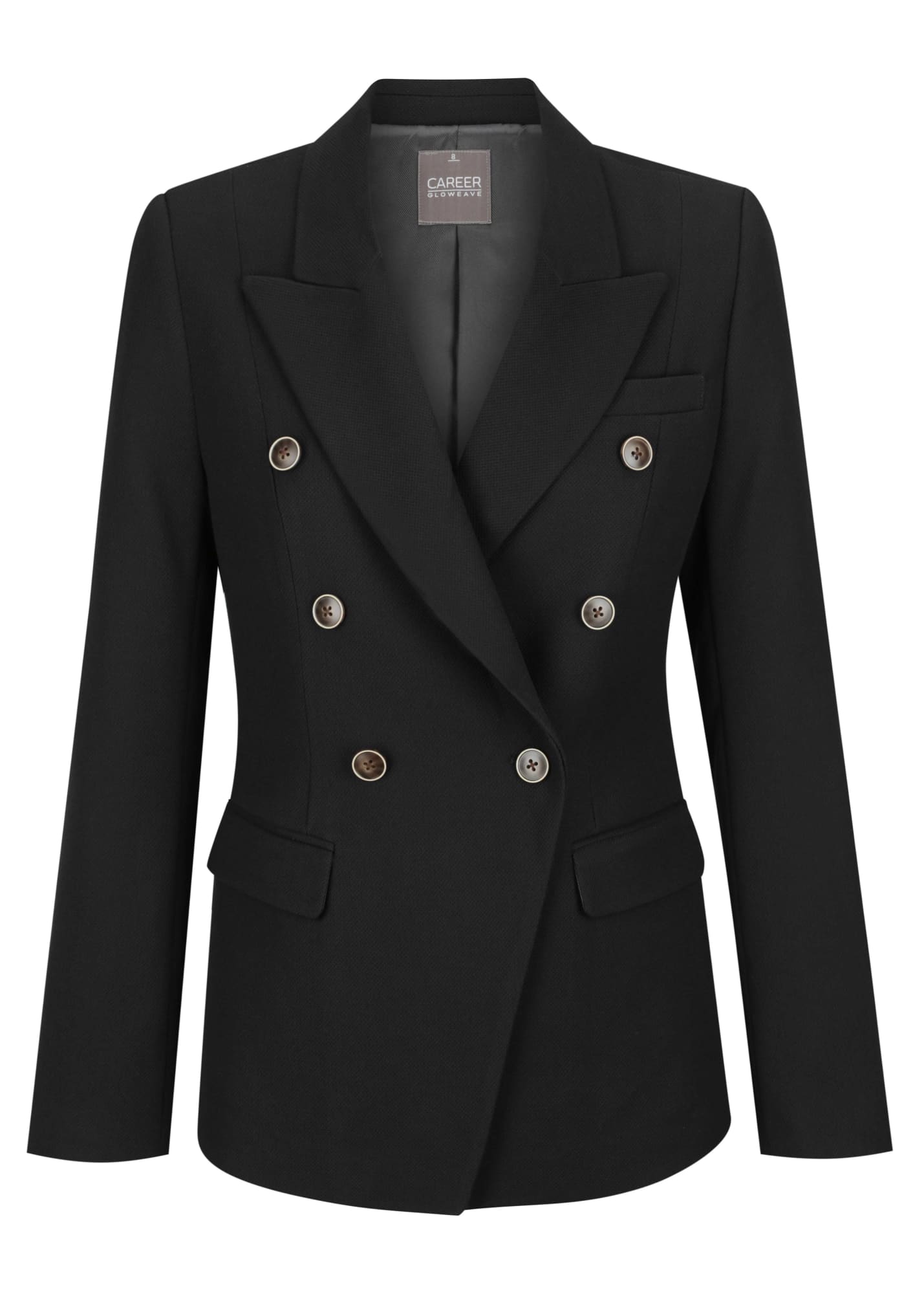A black double-breasted women's blazer featuring a tailored fit and decorative buttons, with two front pockets. Bronte Women's Db Blazer - Image 1