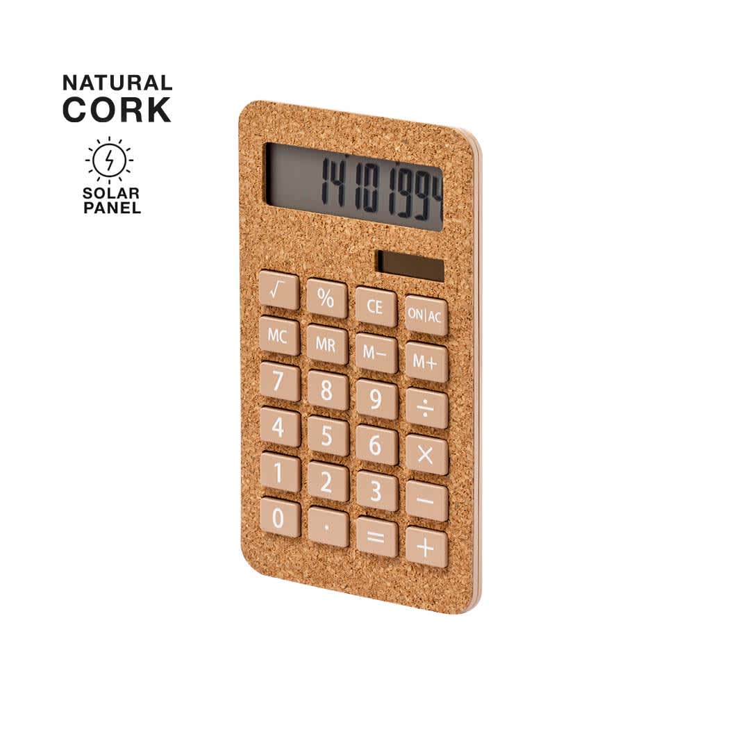 A calculator with a natural cork finish, featuring a solar panel and an LCD display with buttons. Seste Calculator - Image 1