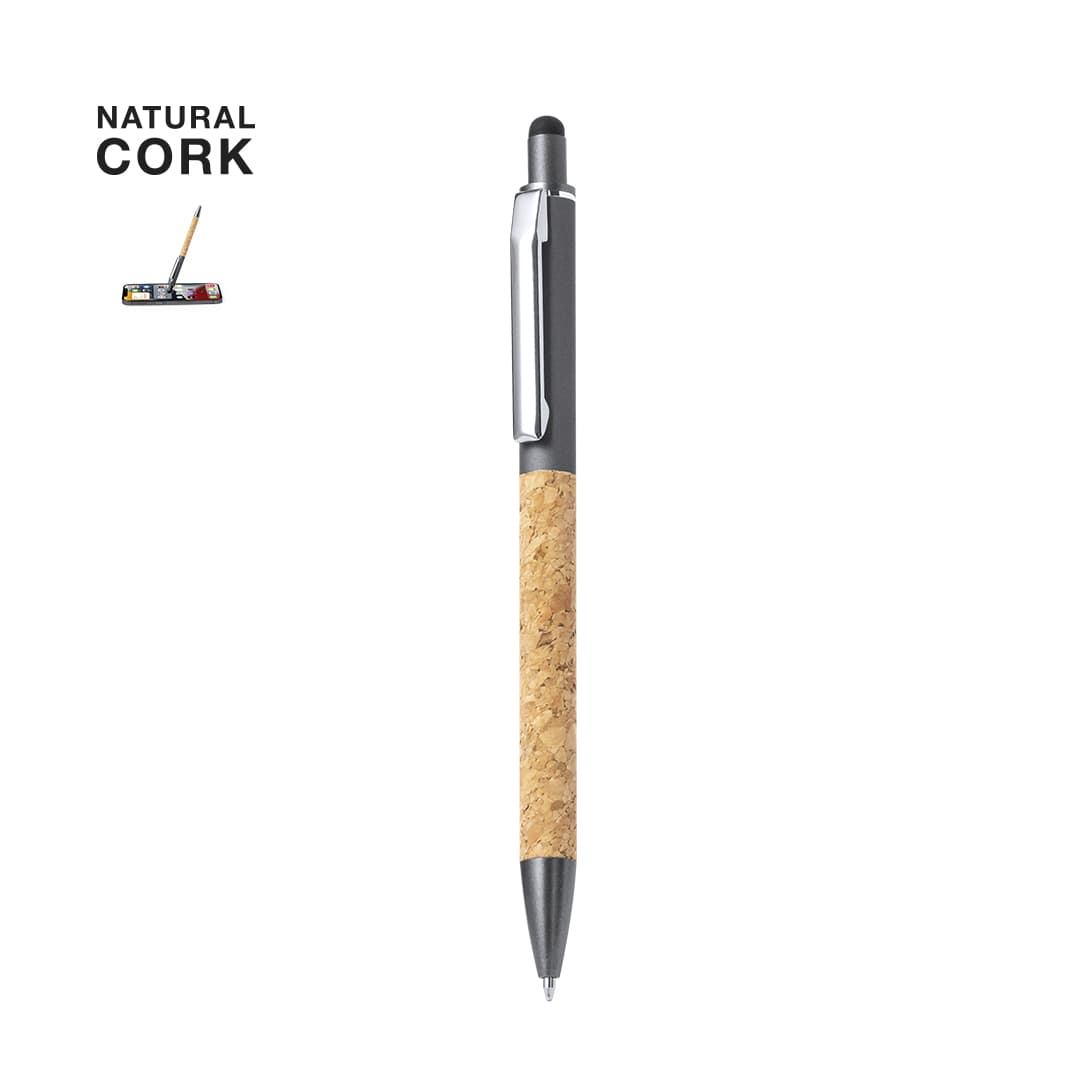 A stylus touch ball pen featuring a silver clip and a natural cork barrel. It has a black tip and branding. Moson Stylus Touch Ball Pen - Image 1