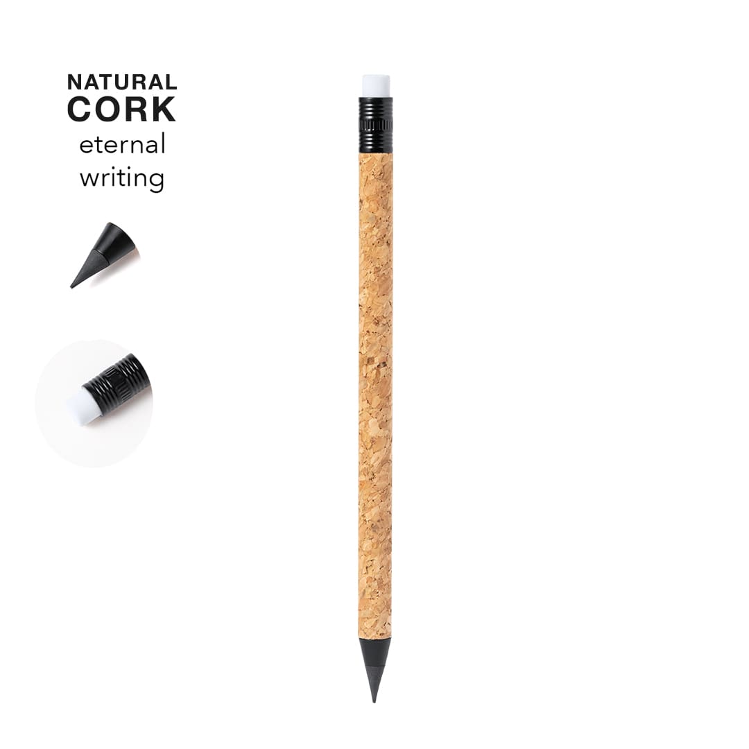 A cork pencil with a black tip and grip, designed for eternal writing. Features a branding logo. Grabit Eternal Pencil - Image 1