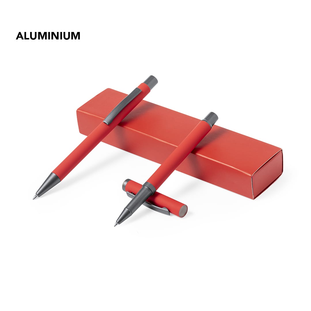 A set of red metal pens displayed on a matching red box, featuring a branding logo. Bostit Set - Image 1