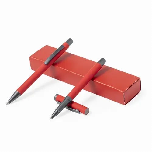 A red pen set featuring two pens and a matching rectangular box. The pens have silver accents. Bostit - Image 1