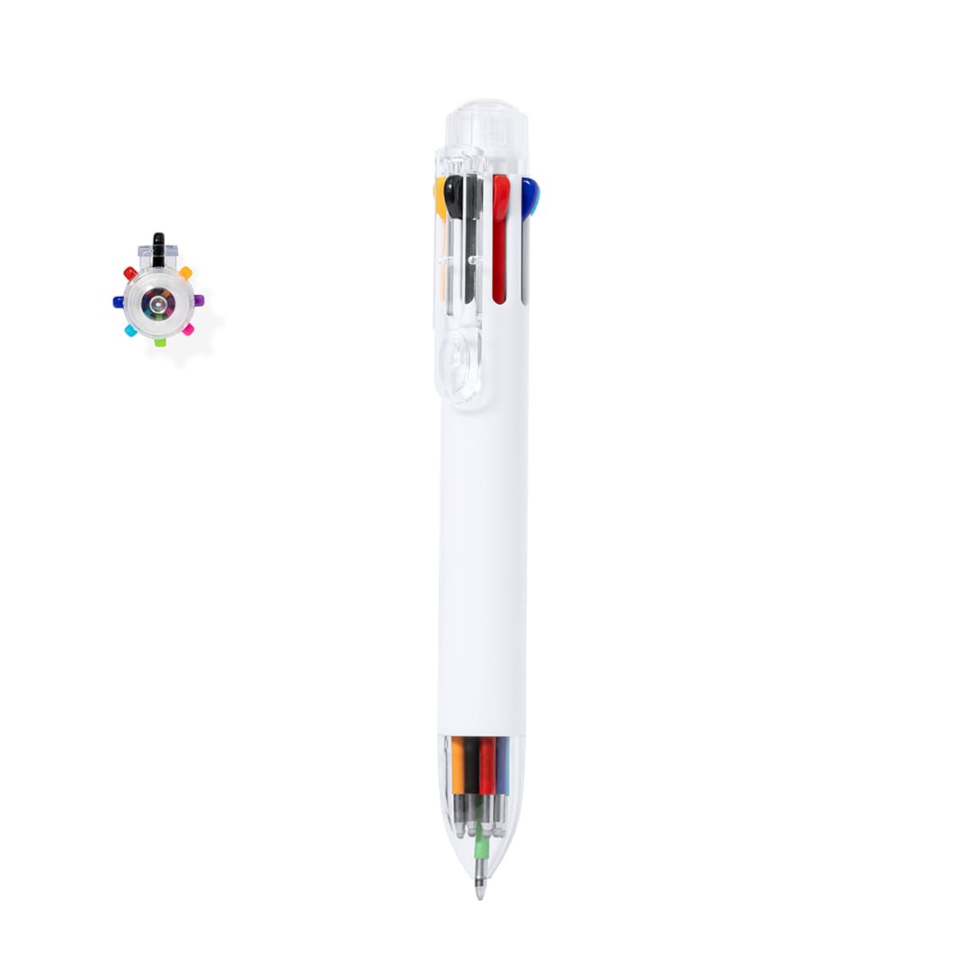 A white 8 in 1 pen featuring multiple coloured refills, with a logo on the side. Kiviuk Pen - Image 1