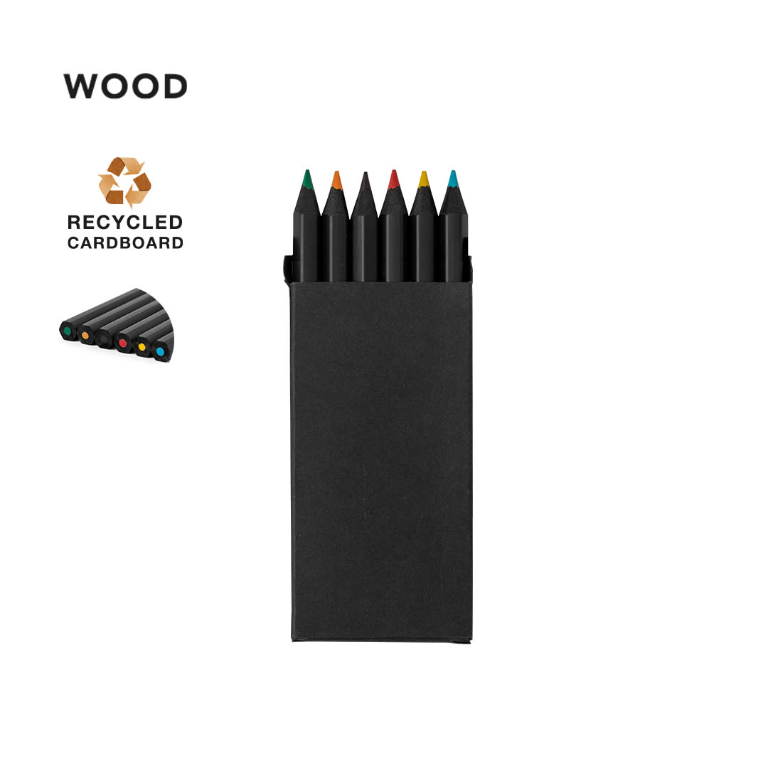 A pack of six coloured pencils in a black holder, featuring green, orange, blue, and yellow tips. Lameiro Pencil Set - Image 1