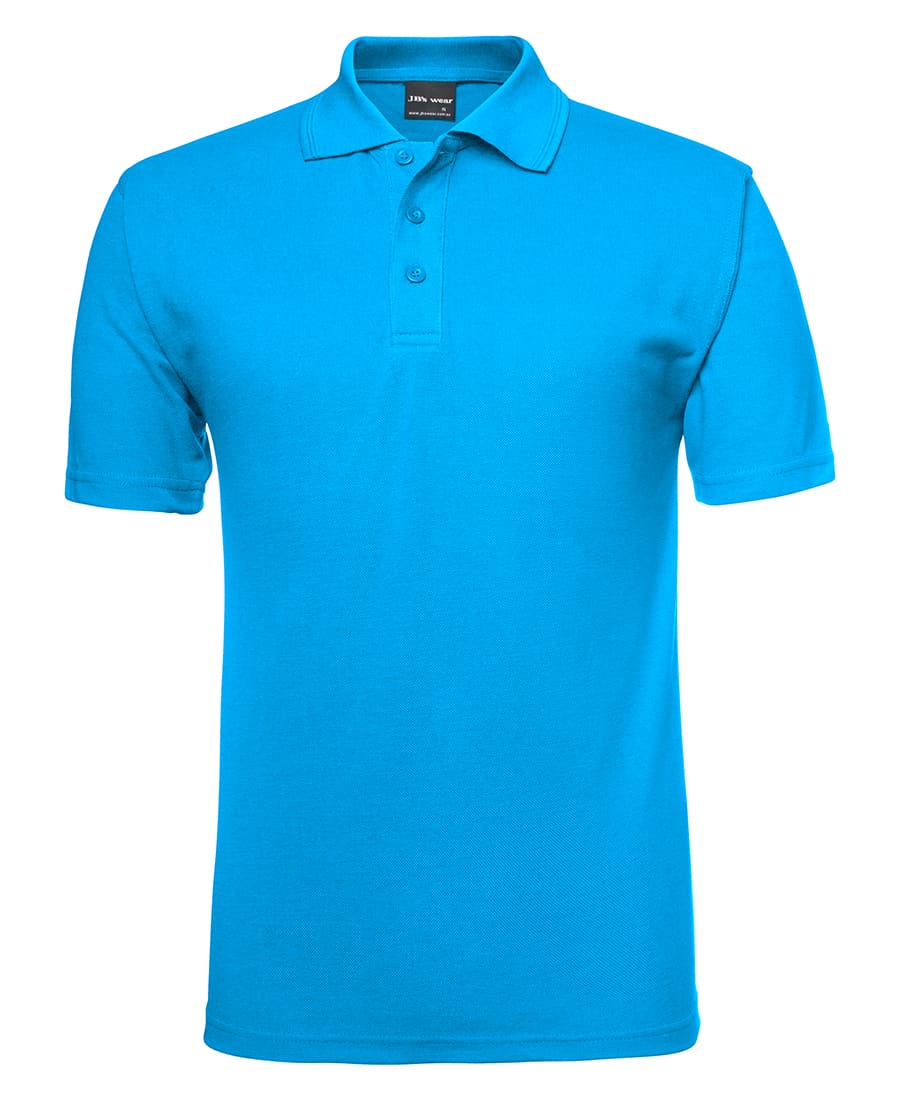 A bright blue polo shirt featuring a collar and three buttons, with a logo on the chest. JB's 210 Polo - Image 1
