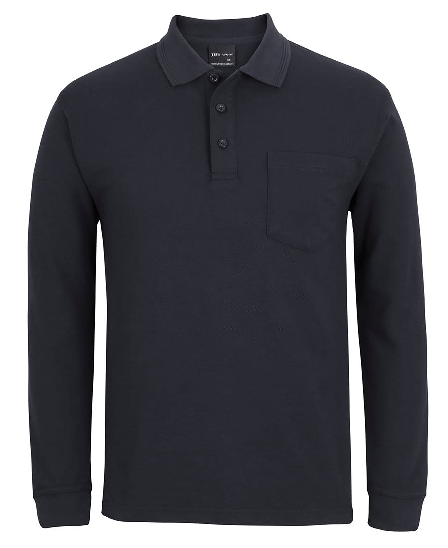 A long-sleeve black polo shirt featuring a collar, three buttons, and a pocket on the left side. JB's 210 L/S Pocket Polo - Image 1