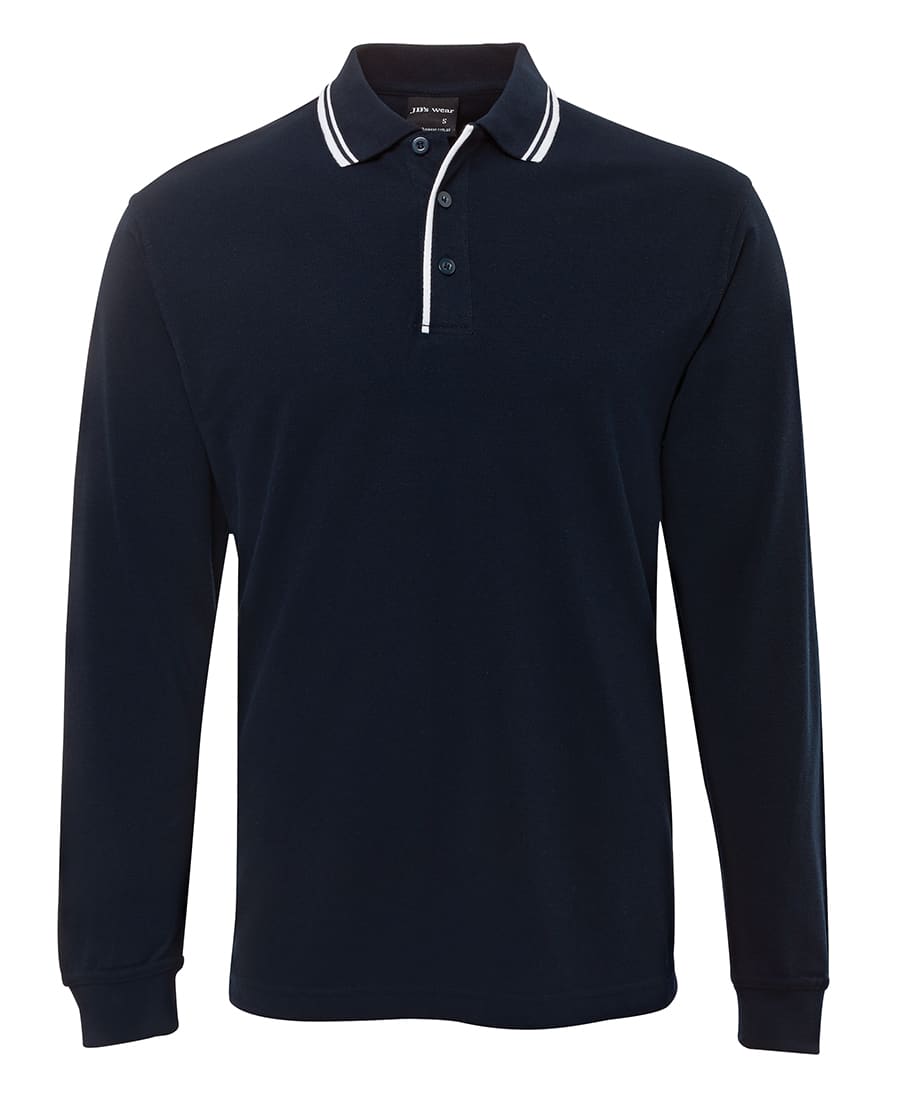 A navy long-sleeve polo shirt with white contrast detailing and a branded logo on the chest. JB's L/S C/Trast Polo - Image 1
