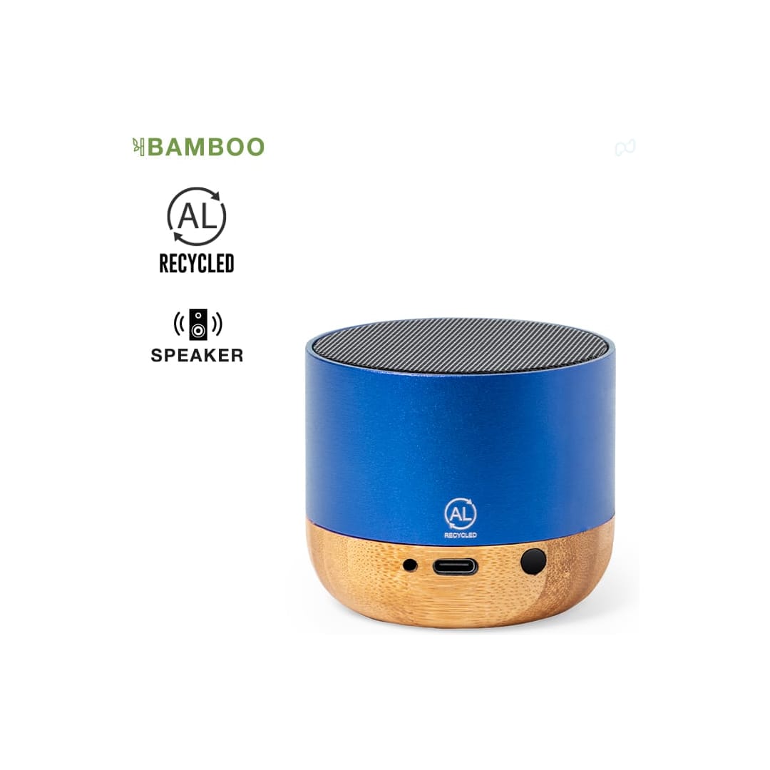 A blue and bamboo speaker with a circular shape, featuring a mesh top and a logo on the front. Lops Speaker - Image 1