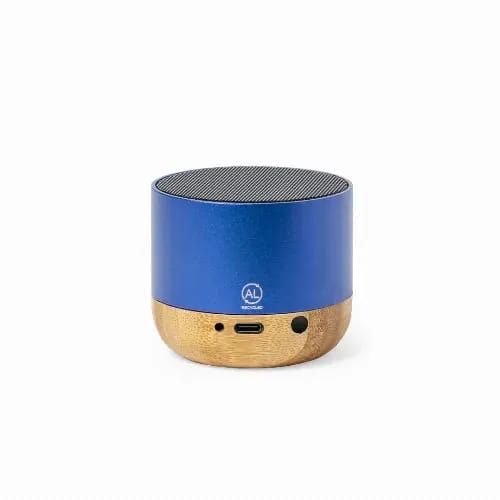 A Bluetooth speaker with a blue metallic top and a wooden base, featuring a logo on the front. Lops - Image 1