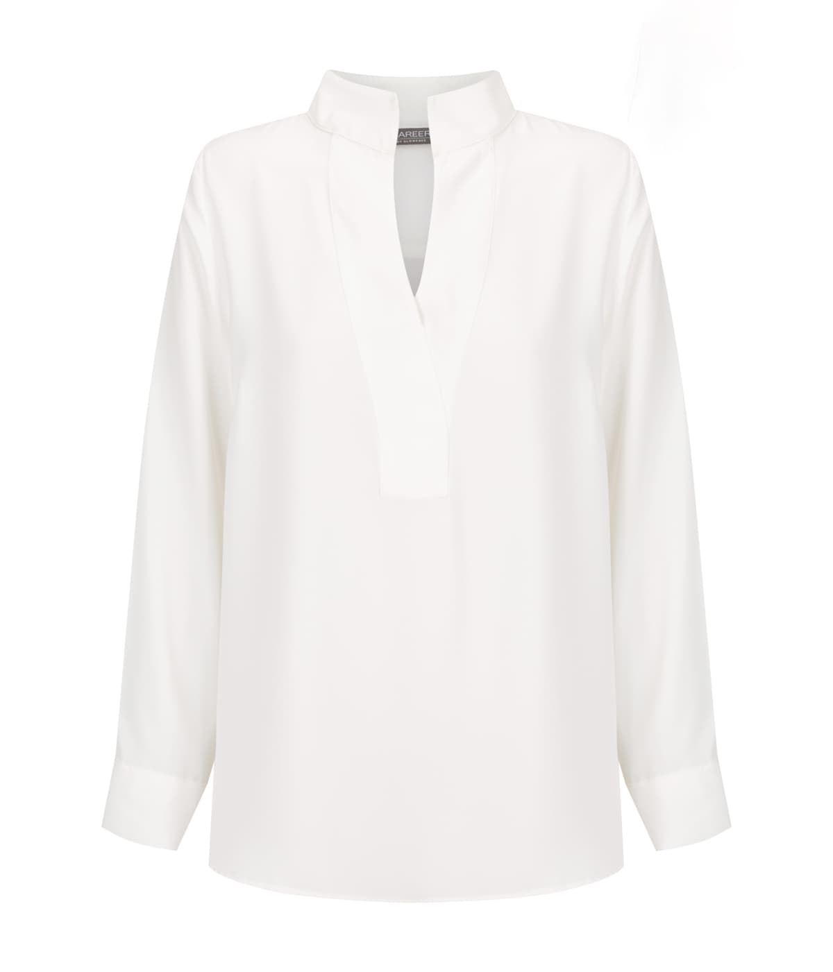 Asha Long Sleeve Top in white, featuring a half-open neck and long sleeves. It has a subtle branding detail. Asha Long Sleeve Top - Image 1