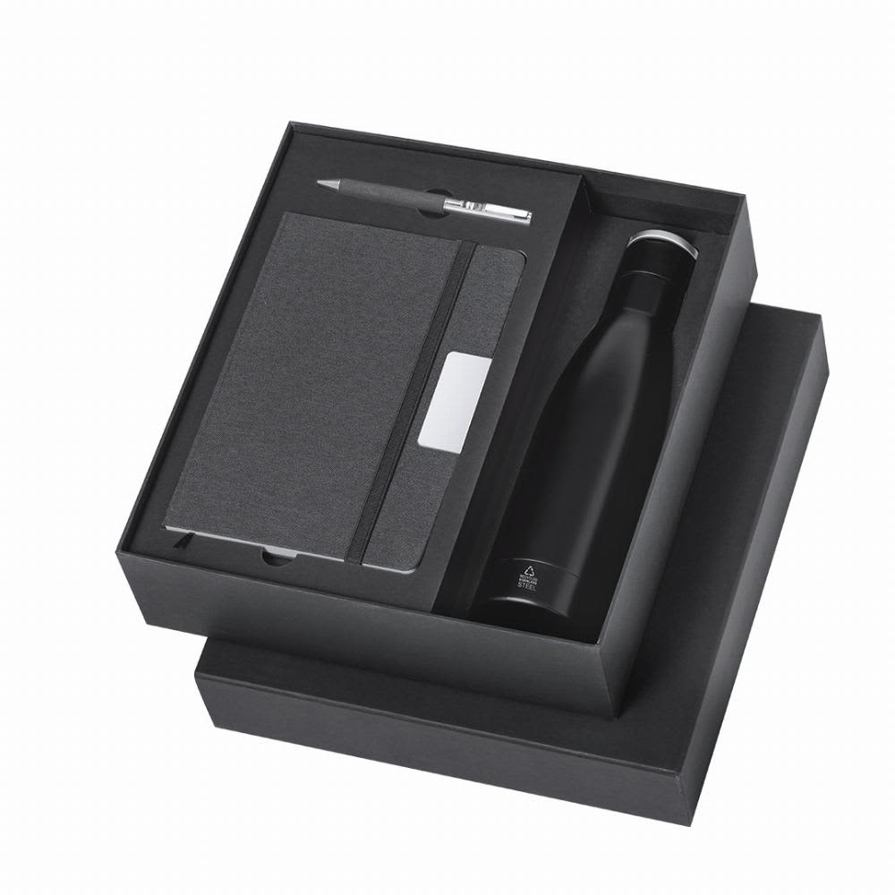 A drink bottle, notebook, and pen in a black presentation box. The bottle is sleek and has a silver lid. Datiford - Image 1