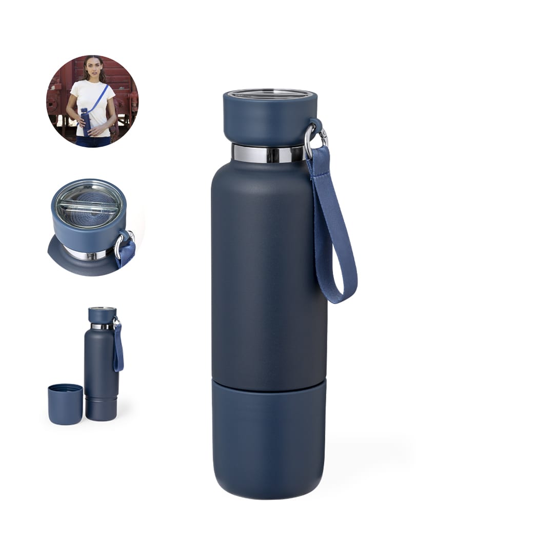 A drink bottle in navy blue with a carrying strap and a removable base for additional storage; features branding. Flautrok Insulated Bottle - Image 1