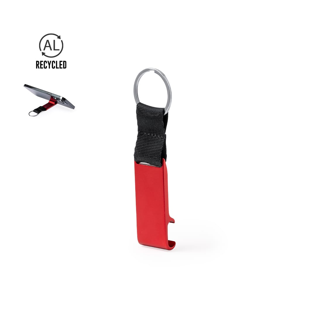 A red keyring holder with a black strap, featuring a silver metal ring and a logo. Ideal for carrying keys. Fique Holder Keyring - Image 1