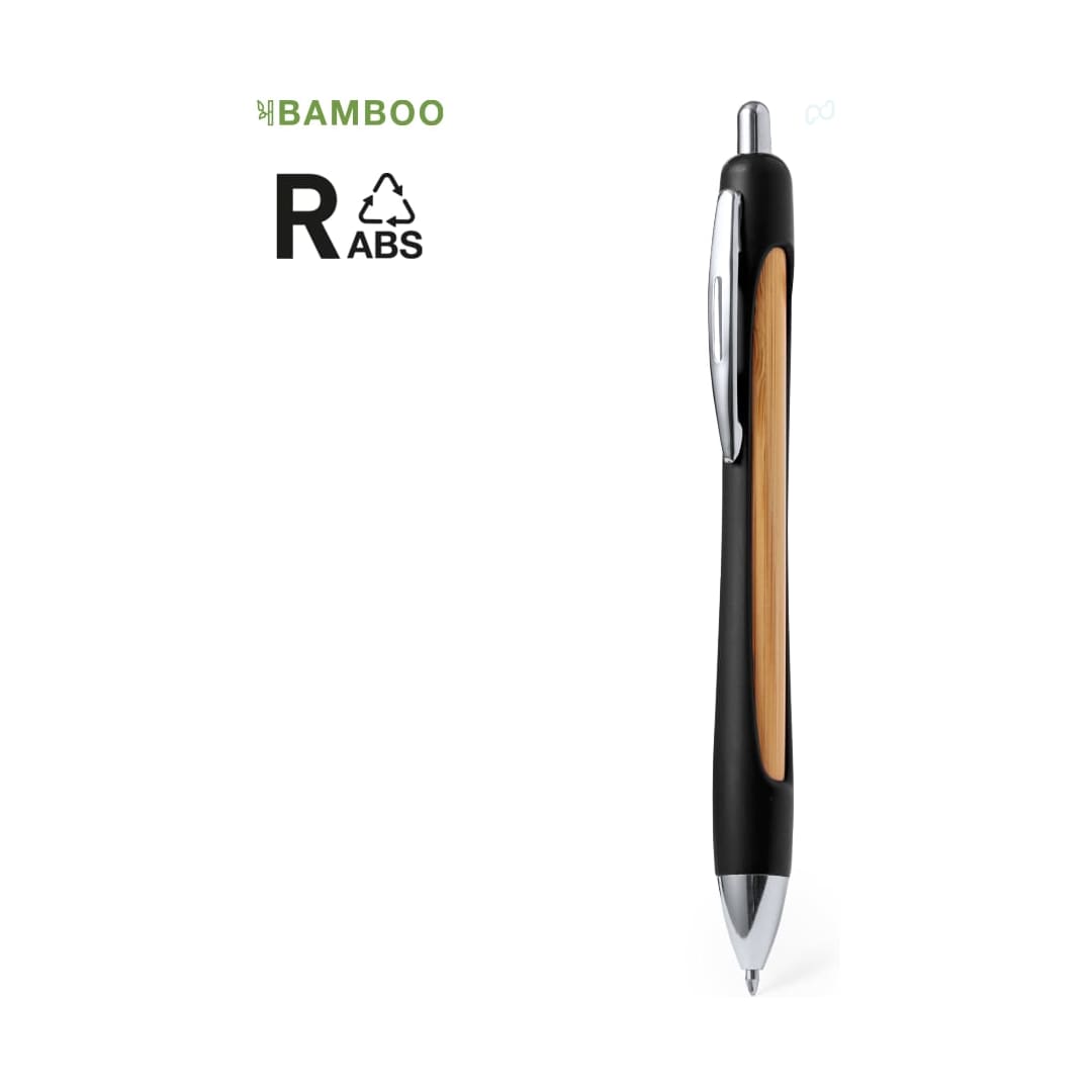A black and bamboo wooden pen with a silver clip and a logo. Storm Pen - Image 1