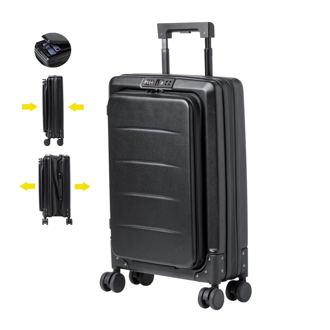 A black, foldable four-wheel suitcase with a retractable handle and logo, showcasing a sleek design. Dopkin Foldable Trolley - Image 1