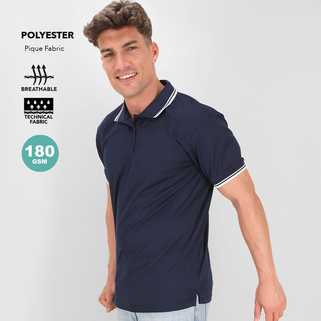 A polo shirt in navy blue with white trim, made from breathable polyester pique fabric. Features a logo. Tecnic Zawak Polo Shirt - Image 1