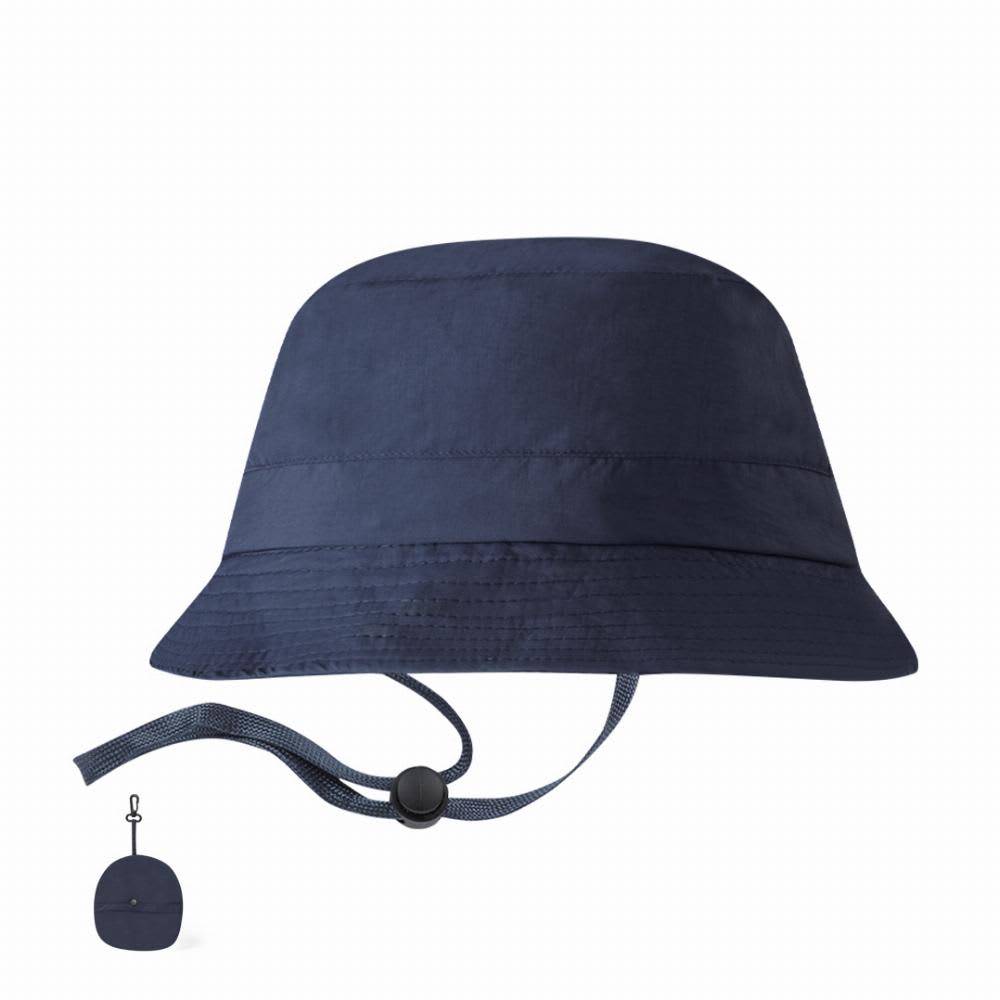 A bucket hat in navy blue with a chin strap, featuring a logo. It can be folded for easy storage. Hetoson - Image 1