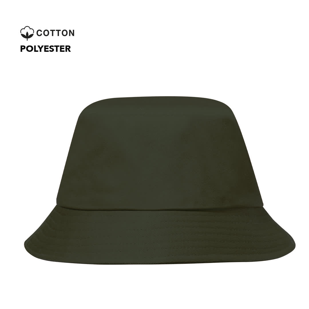 A dark green bucket hat made of cotton and polyester, featuring a logo on the side. Pepper Hat - Image 1