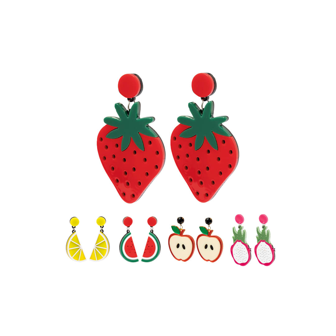 A pair of strawberry earrings in red and green, with additional fruit-themed novelty earrings in various colours. Kely Earrings - Image 1