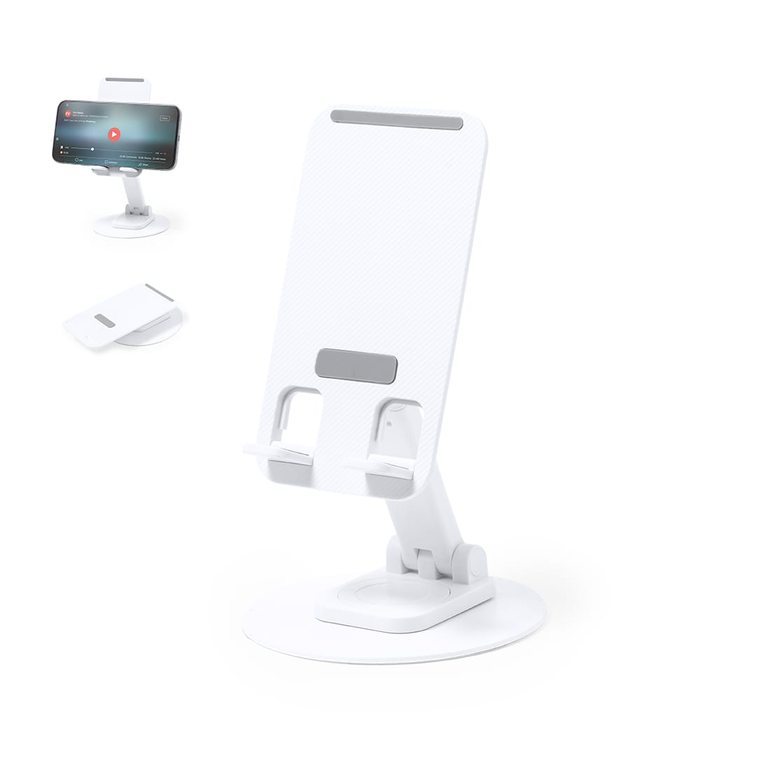 A white smartphone holder featuring an adjustable design, suitable for various phone sizes, with a branded logo. Marxel Holder - Image 1