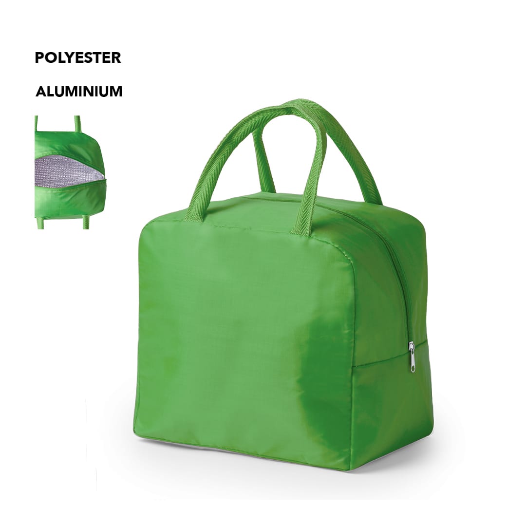 A green cooler bag with a zipper, featuring dual handles and an insulated interior. It has a logo on the side. Vortex Cool Bag - Image 1
