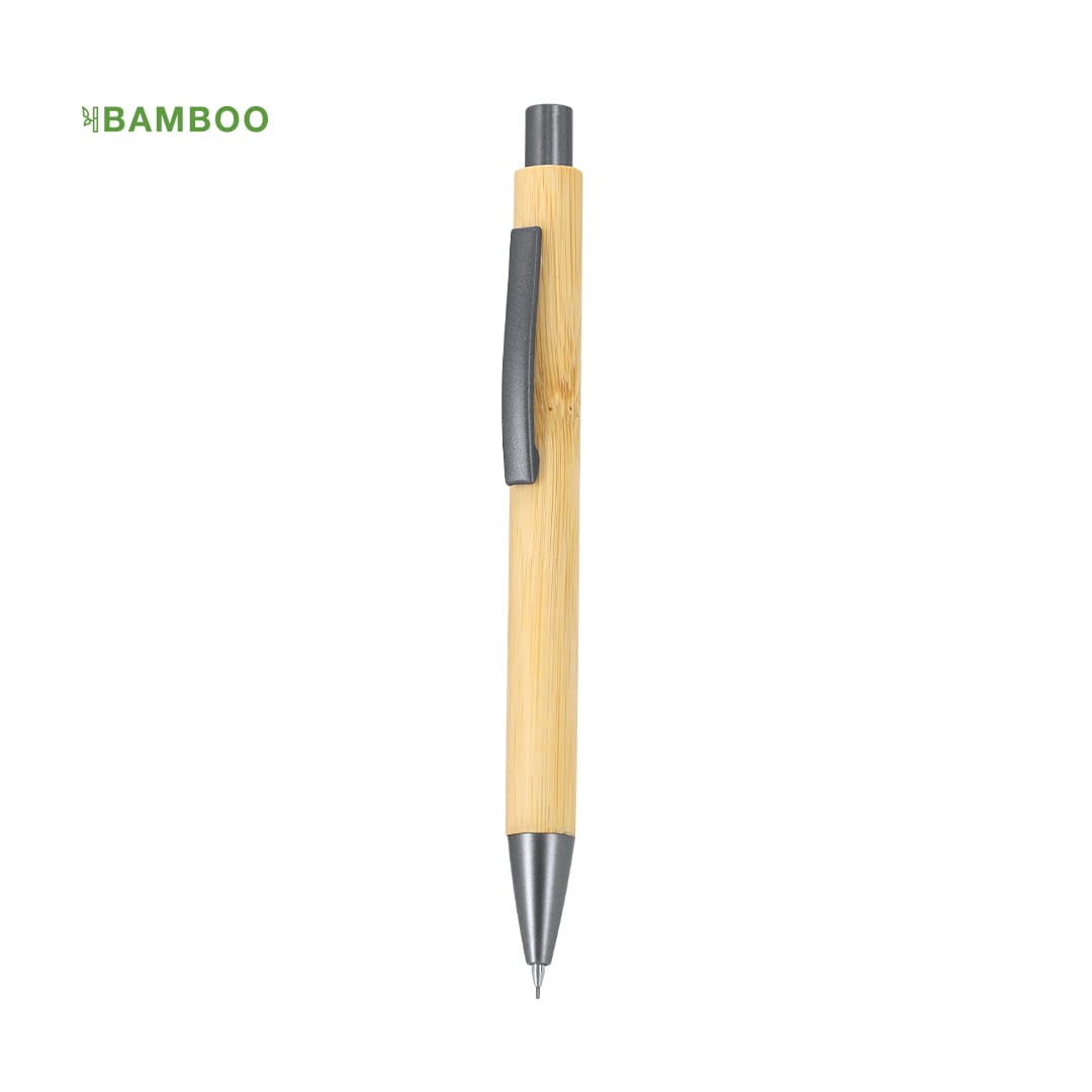 A mechanical pencil with a bamboo body and grey accents, featuring a silver tip and clip. Sofin Mechanical Pencil - Image 1
