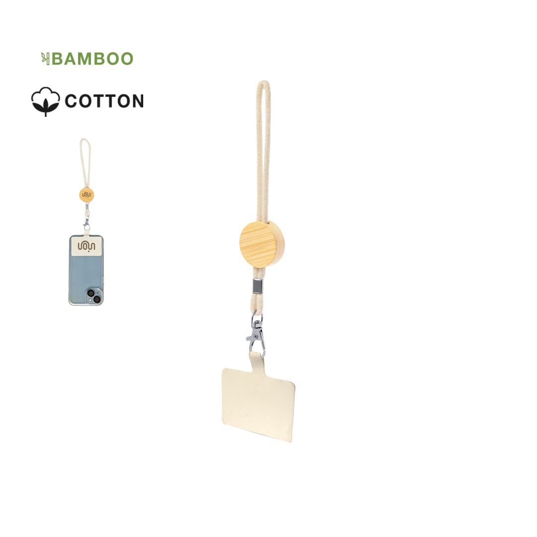 A phone holder featuring a bamboo disc and a cotton strap, with a sleek, minimal design. Harlux Holder Bracelet - Image 1