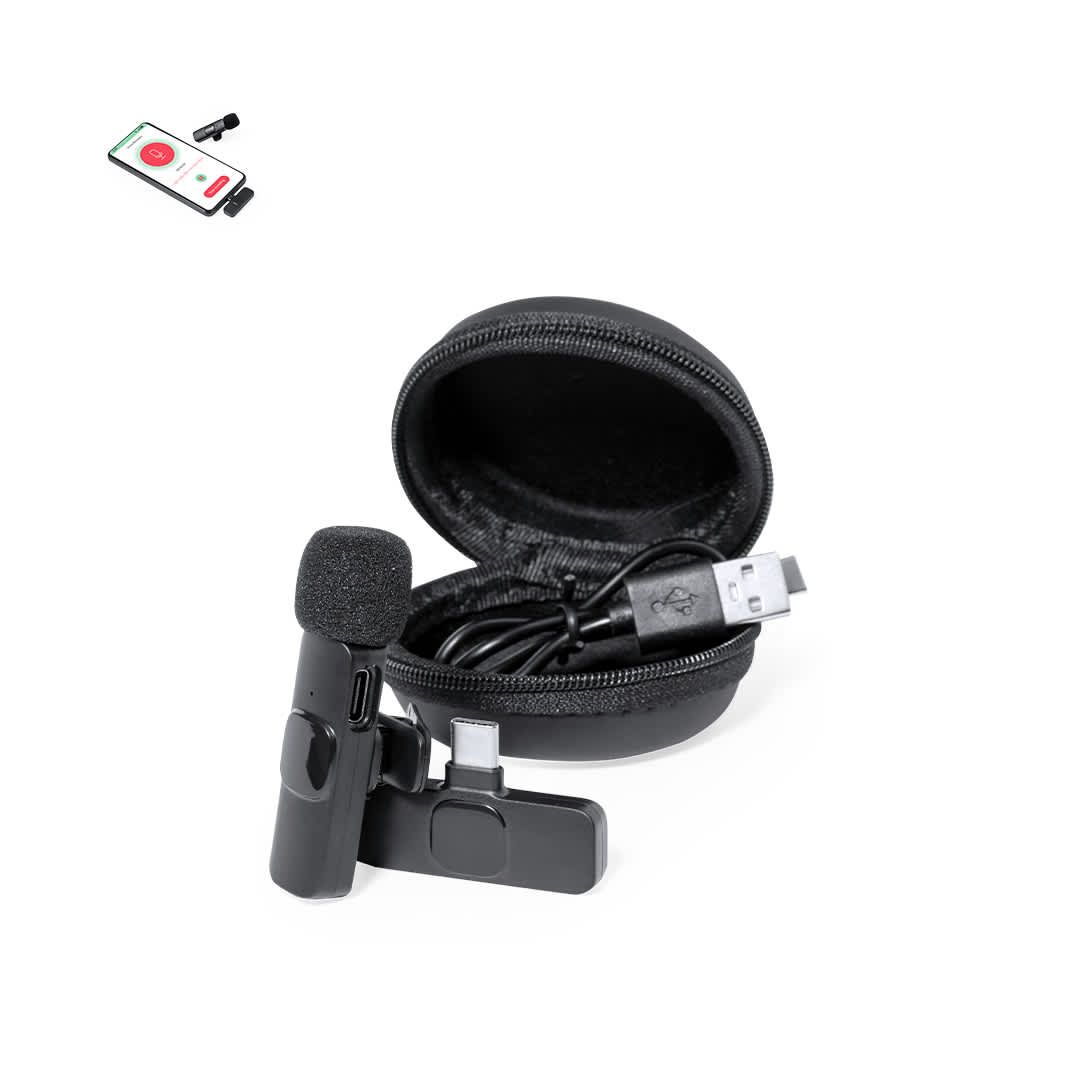 A microphone and USB accessory set in a black carrying case, with a charging cable included. Spart - Image 1