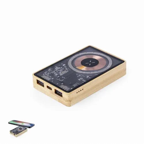A sleek, wooden power bank with multiple USB ports and a round design element on the front. It features a logo. Dominik - Image 1