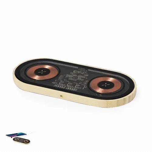 A wooden wireless charger with two circular charging pads, featuring a sleek black surface. It has branding displayed on top. Layerit - Image 1