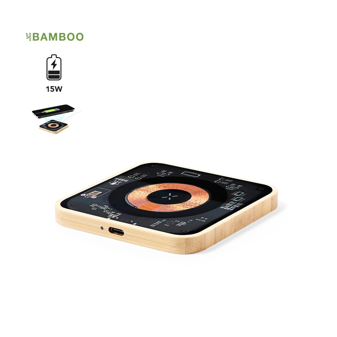 A wireless charger with a bamboo frame, featuring a black surface and a circular charging area. Gaussian Charger - Image 1
