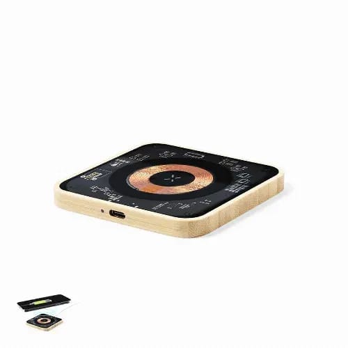 A square wireless charging pad with a wooden base and a black top featuring a circular gold design and various connectors. Gaussian - Image 1