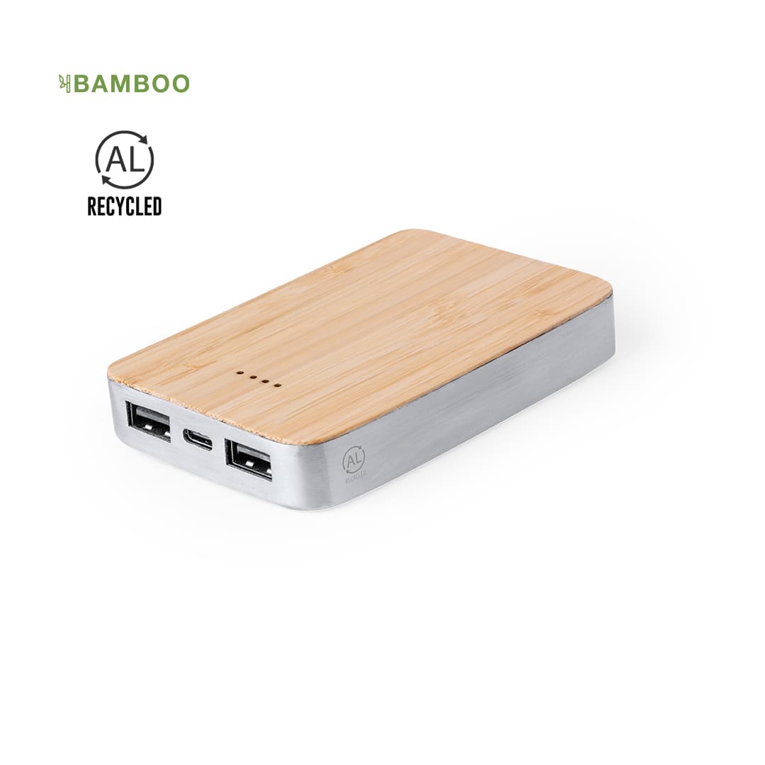 A power bank with a bamboo top and metal base, featuring two USB ports and a USB-C port. Newin - Image 1