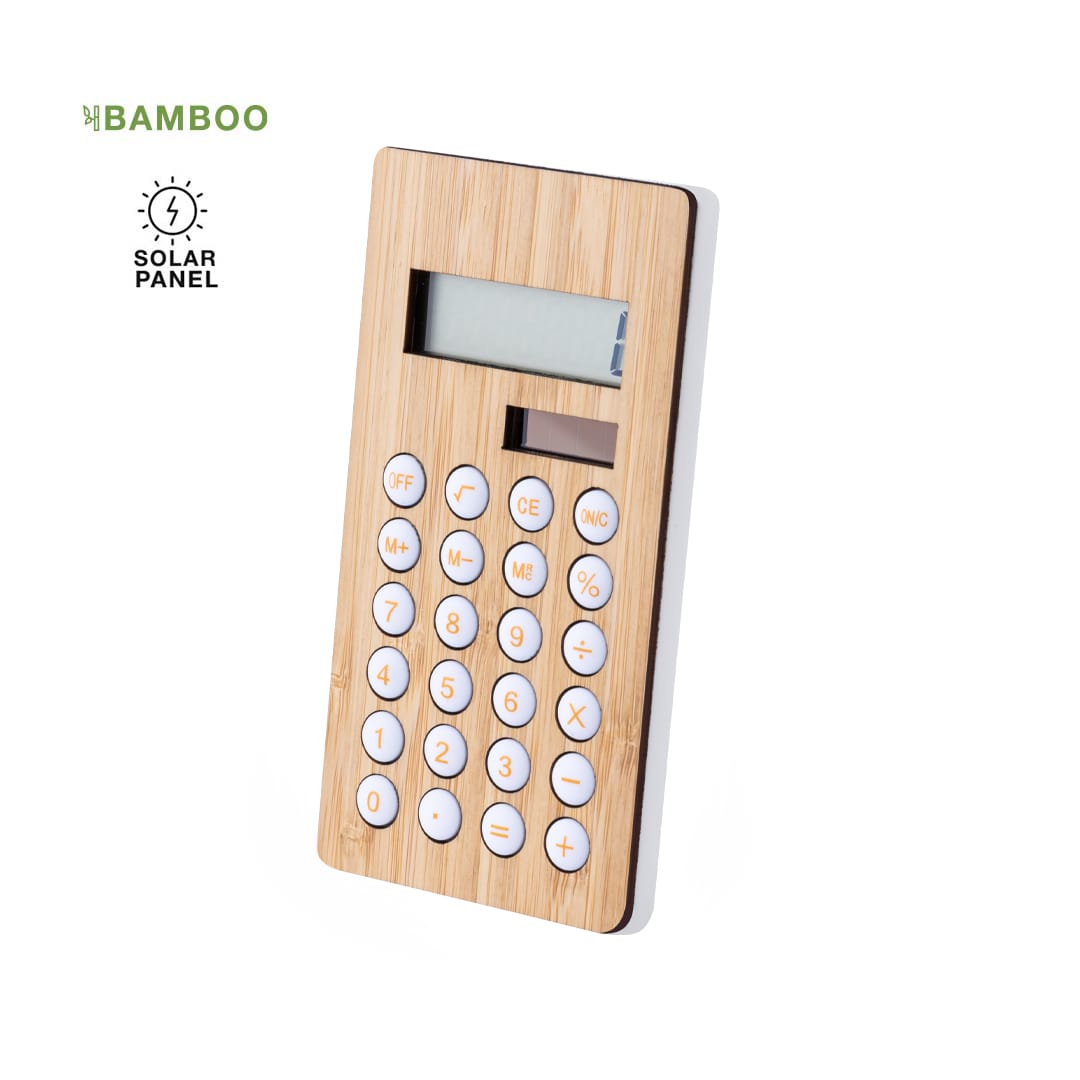 A bamboo calculator with a solar panel, featuring a digital display and numerical buttons in white. Sitax Calculator - Image 1