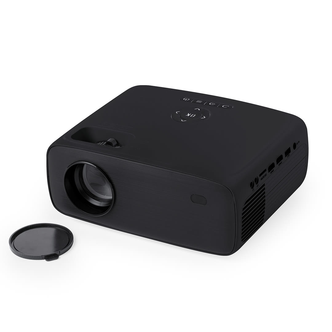 A black projector is displayed with a lens and a removable cover. The product features buttons on top and ventilation on the side. Heroux Projector - Image 1